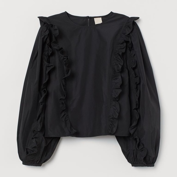 🆕 H&M Women’s Black Flounced Taffeta Blouse Ruffle Long Sleeve Size US 8 - Picture 2 of 7